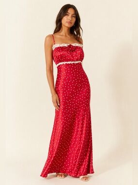 For Love & Lemons Polka Dot Satin Maxi Dress Rosette Milkmaid NWT Size XL